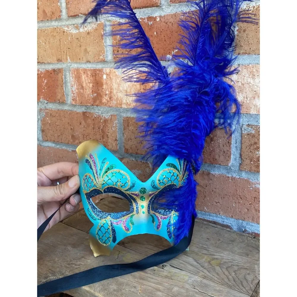 Pier 1 Mask Maschera Del Galeone Italy Hand-Painted Masquerade Blue Feathers